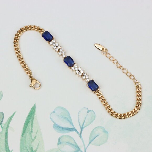 Rose Gold Chain Bracelet with Blue Emerald Cut & CZ, Luxe Contrast Look,XPBL0746 - Picture 1 of 12